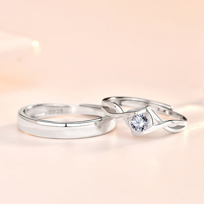Minimalist Zircon Couple Rings - 925 Sterling Silver Adjustable Matching Set