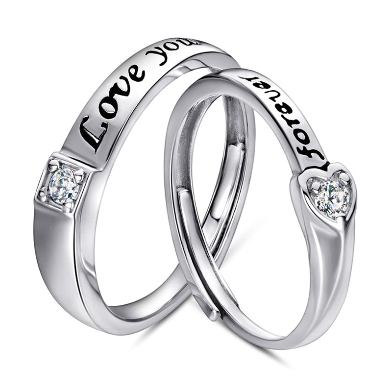 Love Heart Couple Rings - 925 Sterling Silver Adjustable Matching Set with Zircon Accents