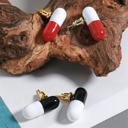 Modern Geometric Capsule Drop Earrings in Gold with Black or Red Accents