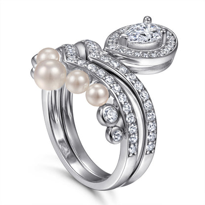 New Arrival S925 Sterling Silver Teardrop Pearl Wedding Ring Set - Elegant Bridal Jewelry