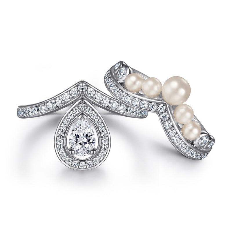 New Arrival S925 Sterling Silver Teardrop Pearl Wedding Ring Set - Elegant Bridal Jewelry