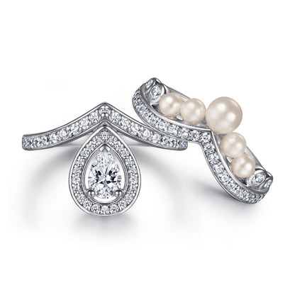 New Arrival S925 Sterling Silver Teardrop Pearl Wedding Ring Set - Elegant Bridal Jewelry