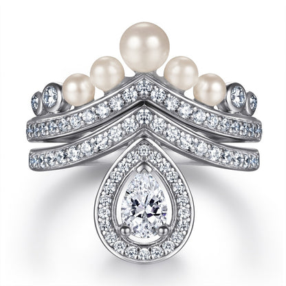 New Arrival S925 Sterling Silver Teardrop Pearl Wedding Ring Set - Elegant Bridal Jewelry