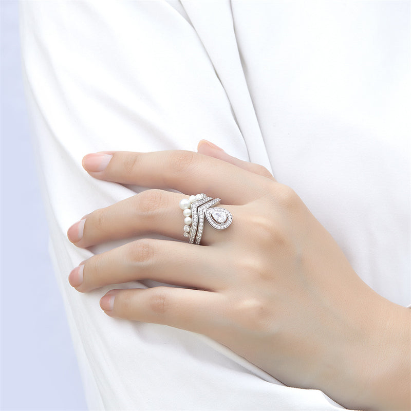 New Arrival S925 Sterling Silver Teardrop Pearl Wedding Ring Set - Elegant Bridal Jewelry