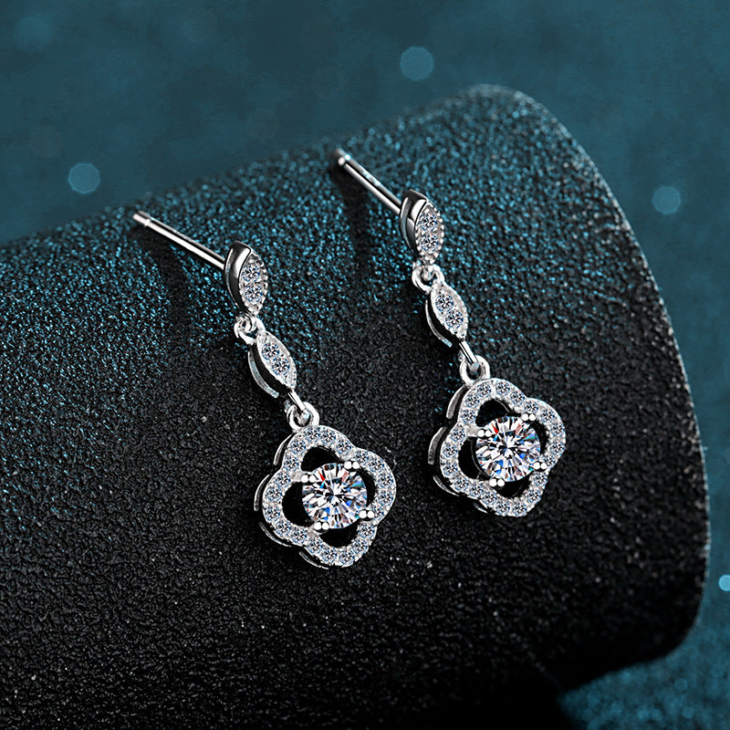 New S925 Sterling Silver 0.6ct Moissanite Four-Leaf Clover Drop Earrings - Lucky Floral Dangle Earrings
