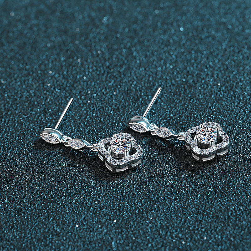 New S925 Sterling Silver 0.6ct Moissanite Four-Leaf Clover Drop Earrings - Lucky Floral Dangle Earrings