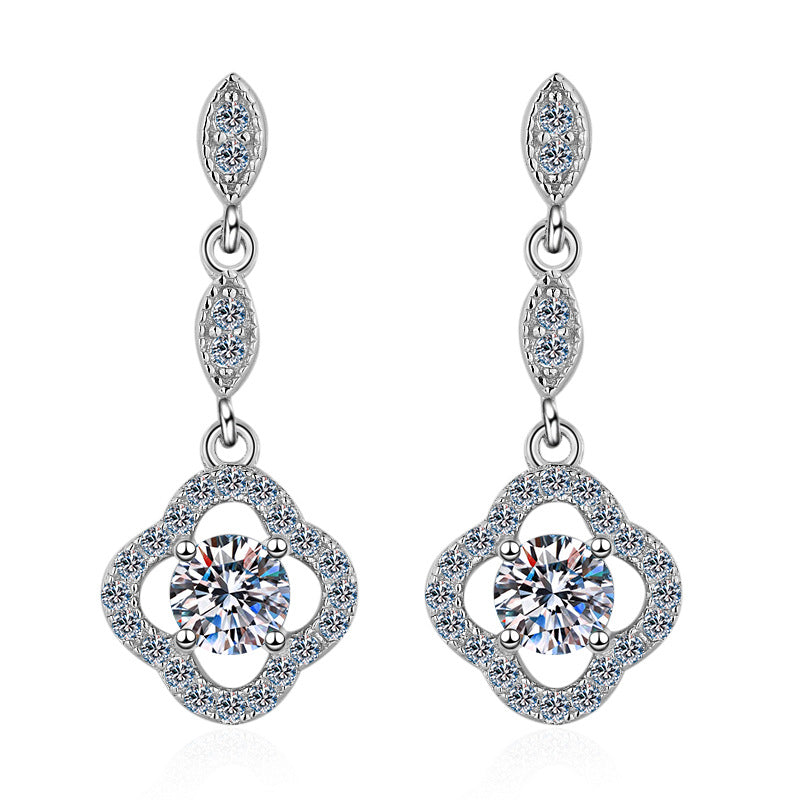 New S925 Sterling Silver 0.6ct Moissanite Four-Leaf Clover Drop Earrings - Lucky Floral Dangle Earrings