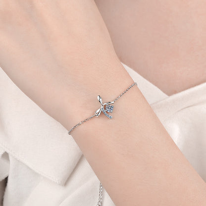 Sporty Bow Sterling Silver Bracelet - 0.3ct Moissanite or 4mm Zircon with Floral Nature Design