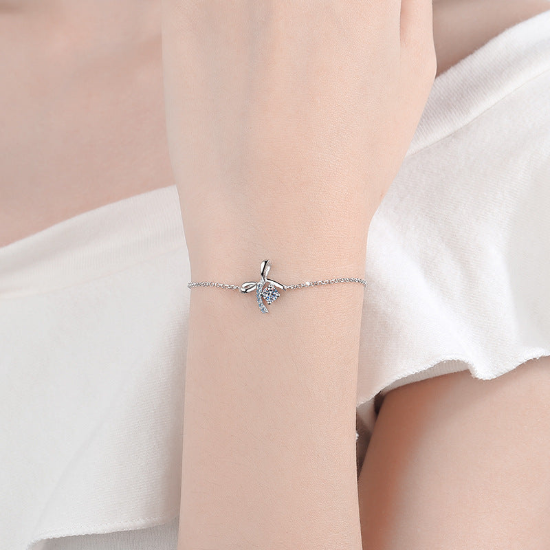 Sporty Bow Sterling Silver Bracelet - 0.3ct Moissanite or 4mm Zircon with Floral Nature Design