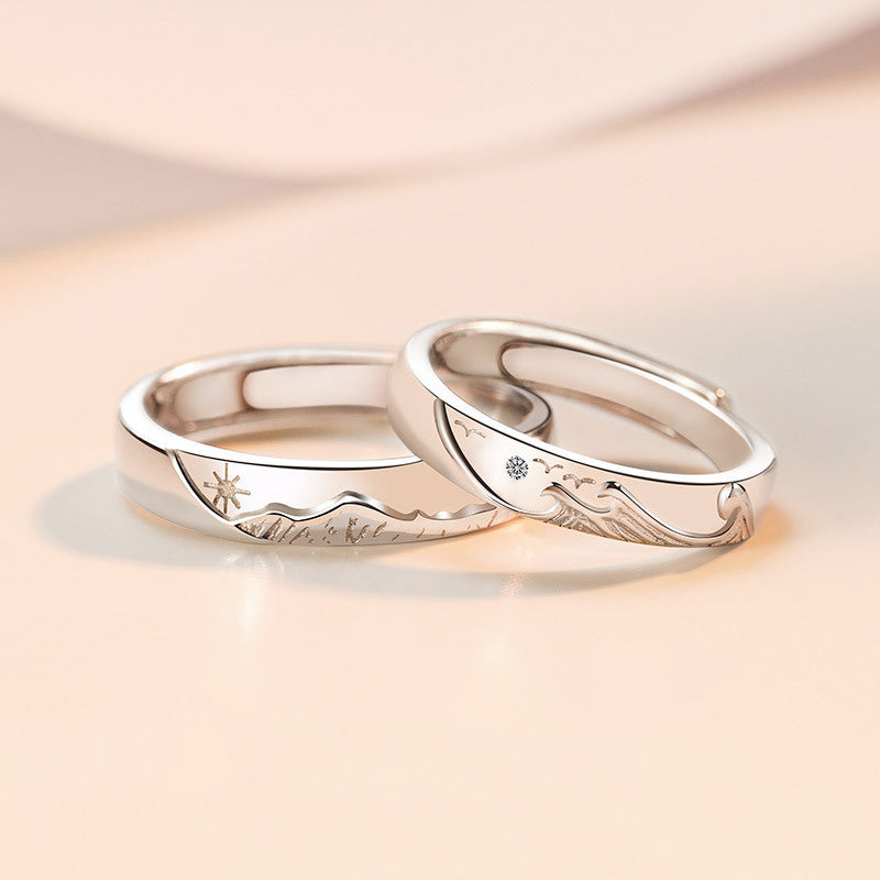 "Ocean & Mountain" Promise Rings - 925 Sterling Silver Chinese-Style Couple Set