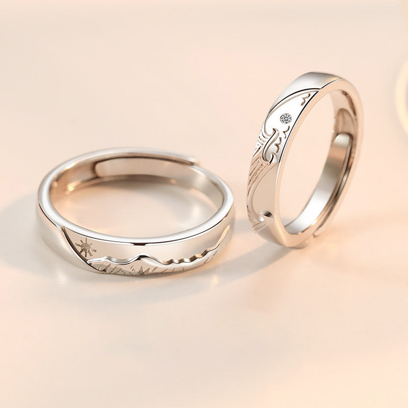 "Ocean & Mountain" Promise Rings - 925 Sterling Silver Chinese-Style Couple Set