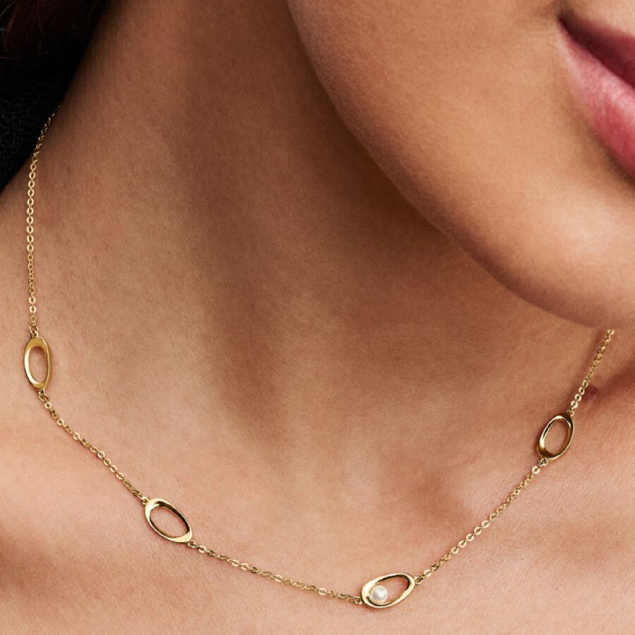 Organic Oval & Pearl Necklace, 14K Gold Plated