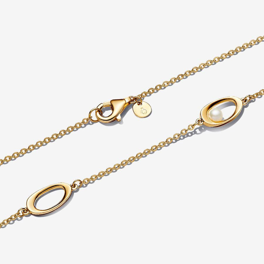 Organic Oval & Pearl Necklace, 14K Gold Plated
