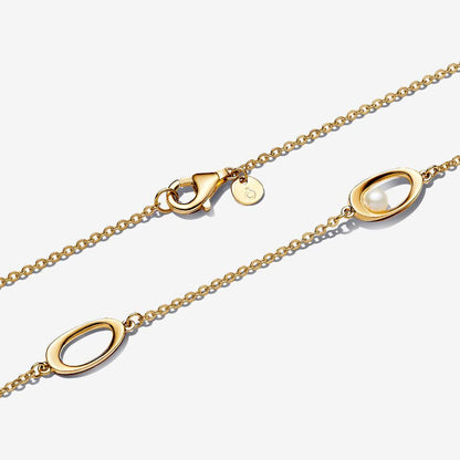 Organic Oval & Pearl Necklace, 14K Gold Plated