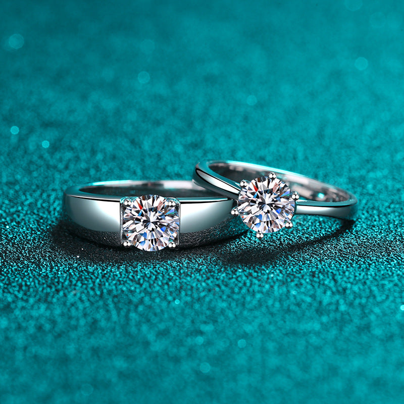 PT950 Plated 925 Sterling Silver Adjustable Couple's Ring | Crown Design Moissanite Set