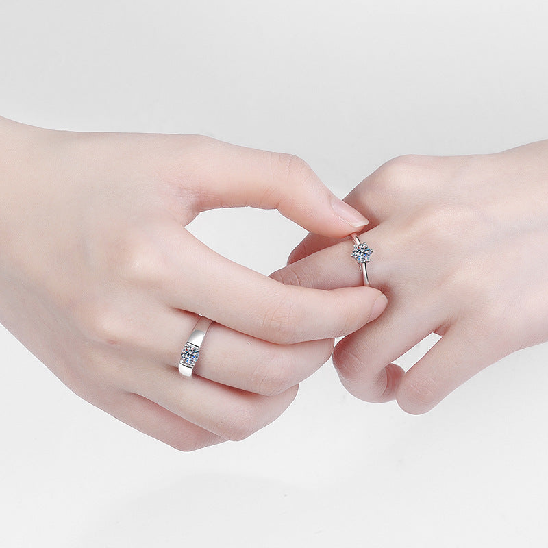 PT950 Plated 925 Sterling Silver Adjustable Couple's Ring | Crown Design Moissanite Set