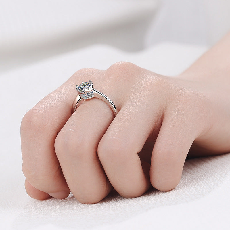 PT950 Plated Micro-Pavé Moissanite Ring - 925 Sterling Silver Leaf Design with Golden Toad Motif