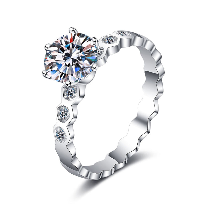 PT950 Plated S925 Sterling Silver Honeycomb Six-Prong Ring | 0.5-1ct Moissanite with Floral Motifs