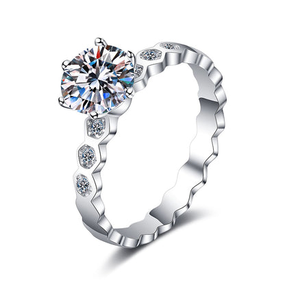 PT950 Plated S925 Sterling Silver Honeycomb Six-Prong Ring | 0.5-1ct Moissanite with Floral Motifs