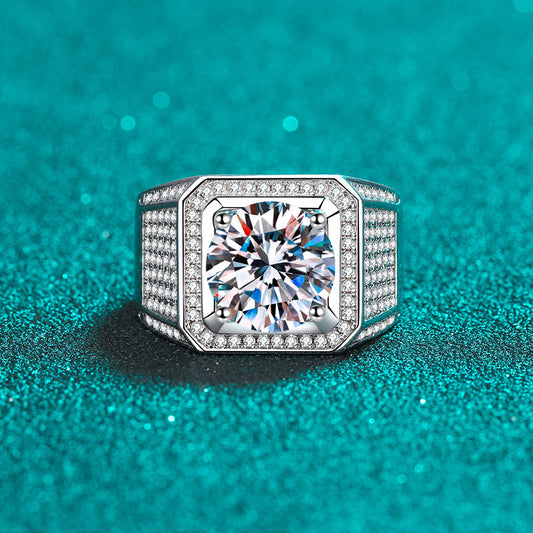 PT950 Plated S925 Sterling Silver Men's Statement Ring | 2-5ct Moissanite with Tribal Motif