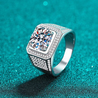 PT950 Plated S925 Sterling Silver Men's Statement Ring | 2-5ct Moissanite with Tribal Motif