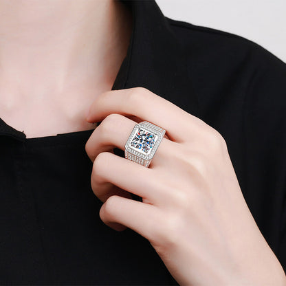 PT950 Plated S925 Sterling Silver Men's Statement Ring | 2-5ct Moissanite with Tribal Motif