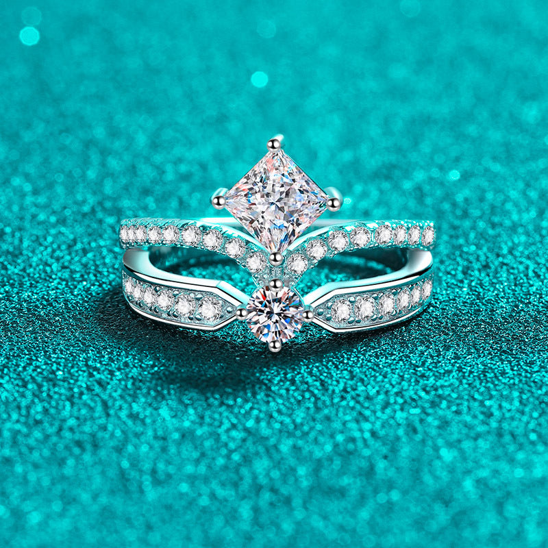 PT950 Plated S925 Sterling Silver Princess Crown Ring | 1.3ct Moissanite Geometric Design
