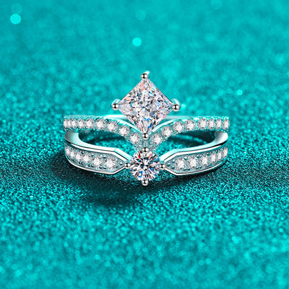 PT950 Plated S925 Sterling Silver Princess Crown Ring | 1.3ct Moissanite Geometric Design