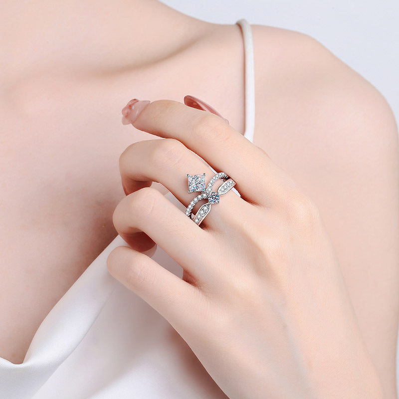 PT950 Plated S925 Sterling Silver Princess Crown Ring | 1.3ct Moissanite Geometric Design