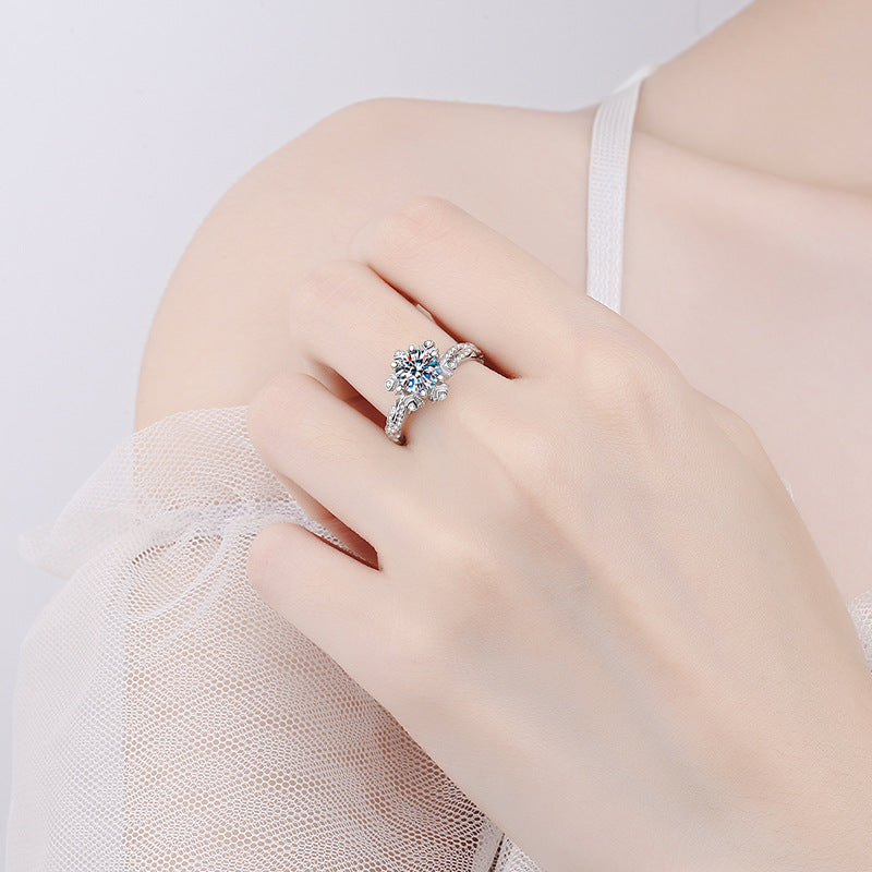 PT950 Platinum Plated Wave Band Moissanite Ring - 925 Sterling Silver Floral Inspired Solitaire