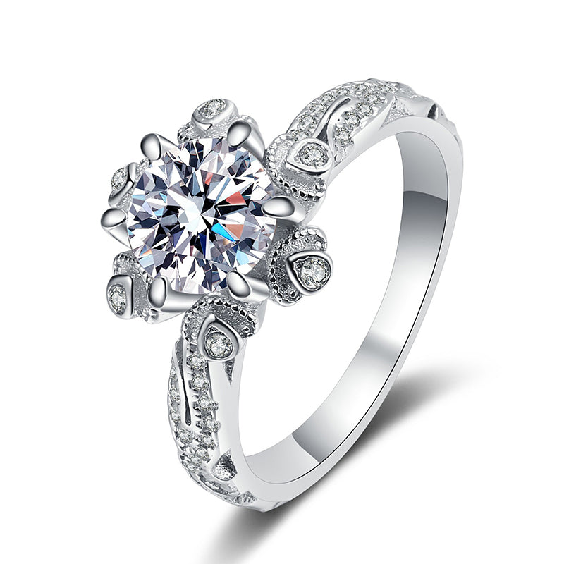 PT950 Platinum Plated Wave Band Moissanite Ring - 925 Sterling Silver Floral Inspired Solitaire