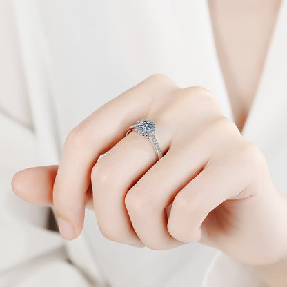 PT950 Plated 925 Sterling Silver 4-Prong Round Moissanite Ring | Adjustable & Camellia Design