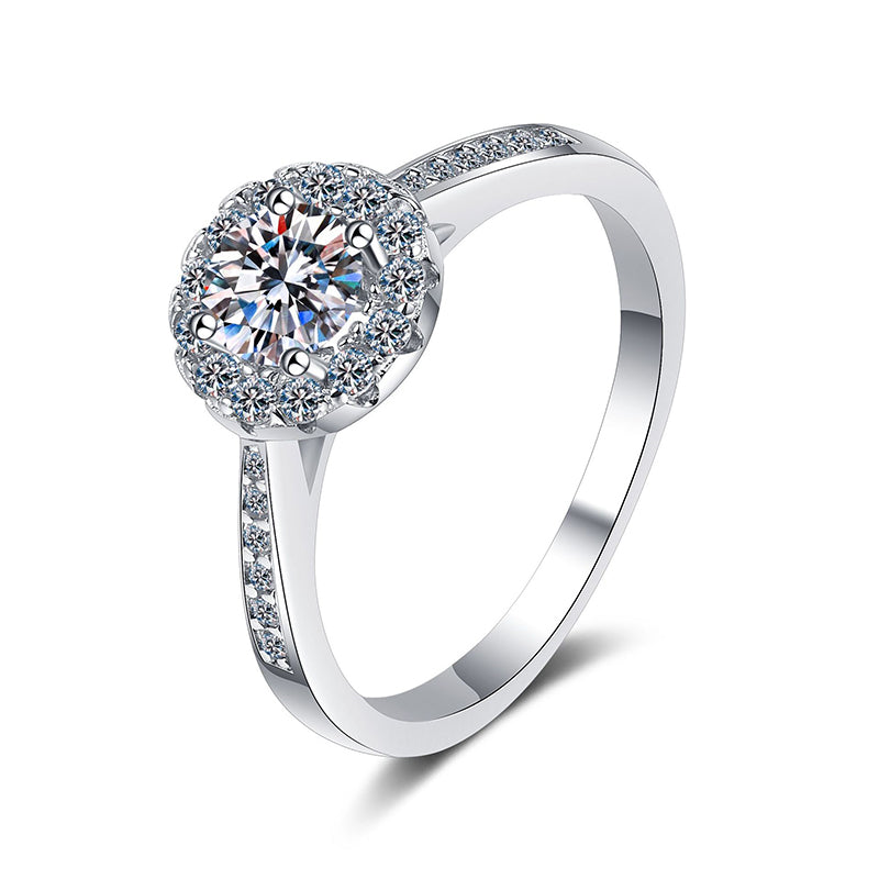 PT950 Plated 925 Sterling Silver 4-Prong Round Moissanite Ring | Adjustable & Camellia Design