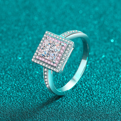 PT950 Rose Gold Plated Sugar Cube Ring - 925 Sterling Silver Geometric Moissanite Solitaire