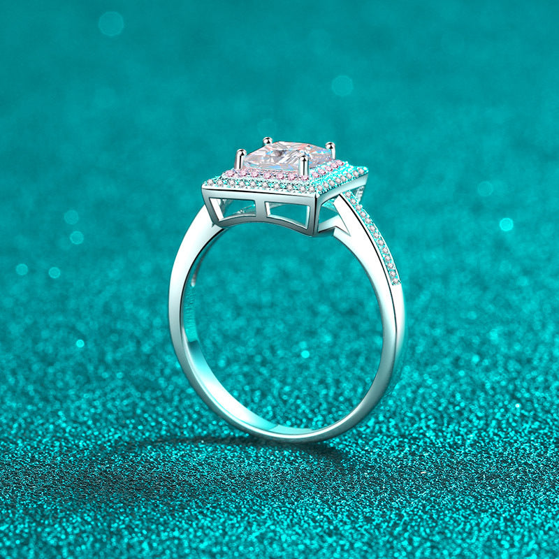 PT950 Rose Gold Plated Sugar Cube Ring - 925 Sterling Silver Geometric Moissanite Solitaire