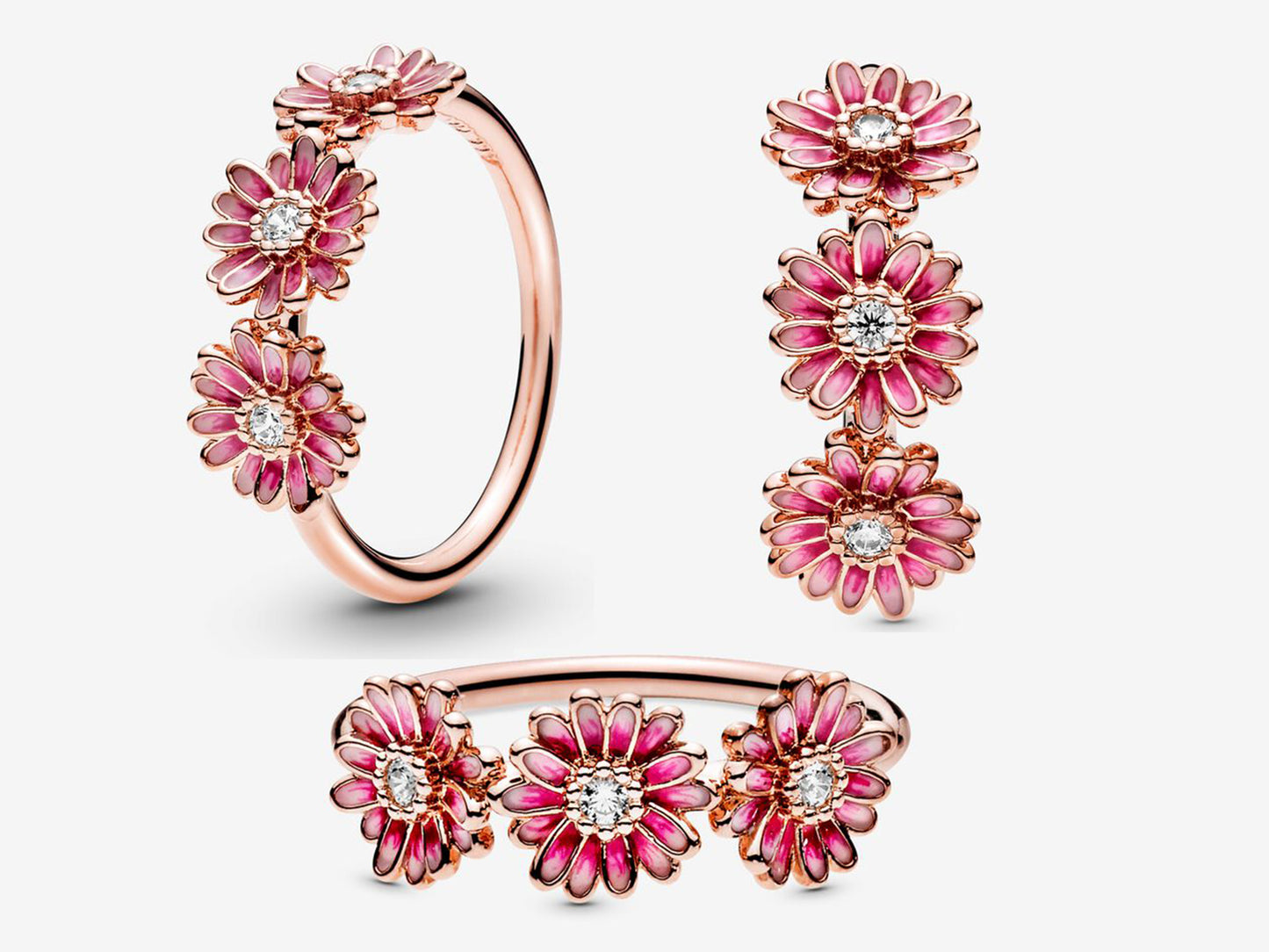Pink Daisy Flower Trio Ring