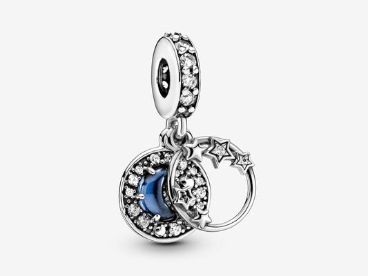 Blue Night Sky Crescent Moon & Stars Dangle Charm