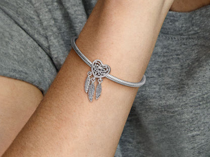 Openwork Heart & Three Feathers Dreamcatcher Charm