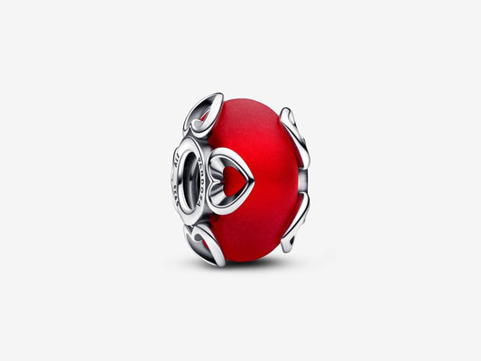 Frosted Red Murano Glass & Hearts Charm