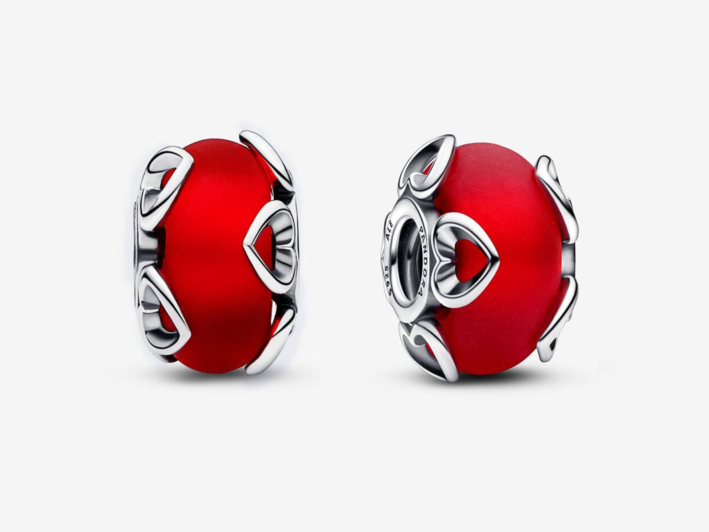Frosted Red Murano Glass & Hearts Charm