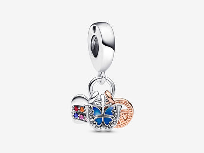 Two-Tone Rainbow Heart, Butterfly & Peace Triple Dangle Charm