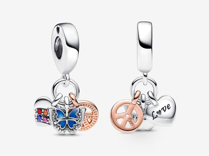 Two-Tone Rainbow Heart, Butterfly & Peace Triple Dangle Charm