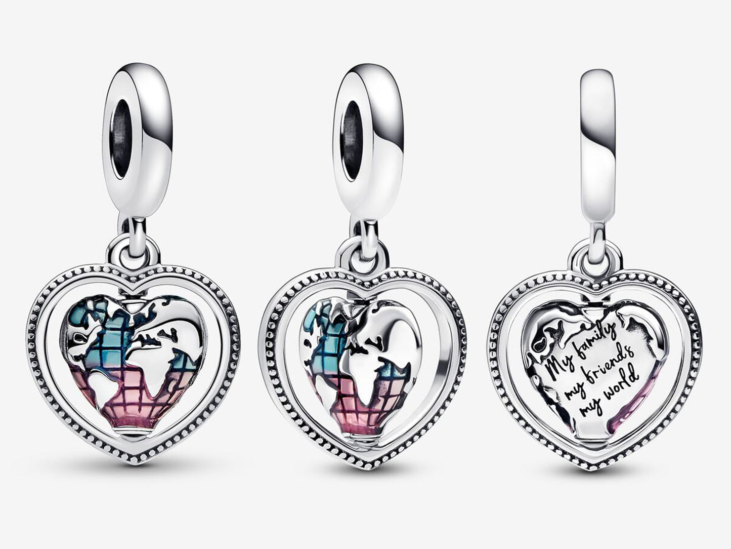 Family Spinning Heart Globe Dangle Charm