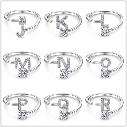Personalized Initial 925 Silver Ring - Adjustable Alphabet Letter Band with Zirconia