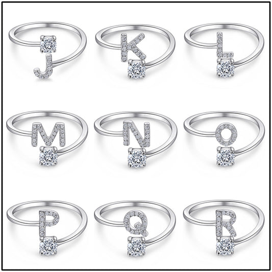 Personalized Initial 925 Silver Ring - Adjustable Alphabet Letter Band with Zirconia