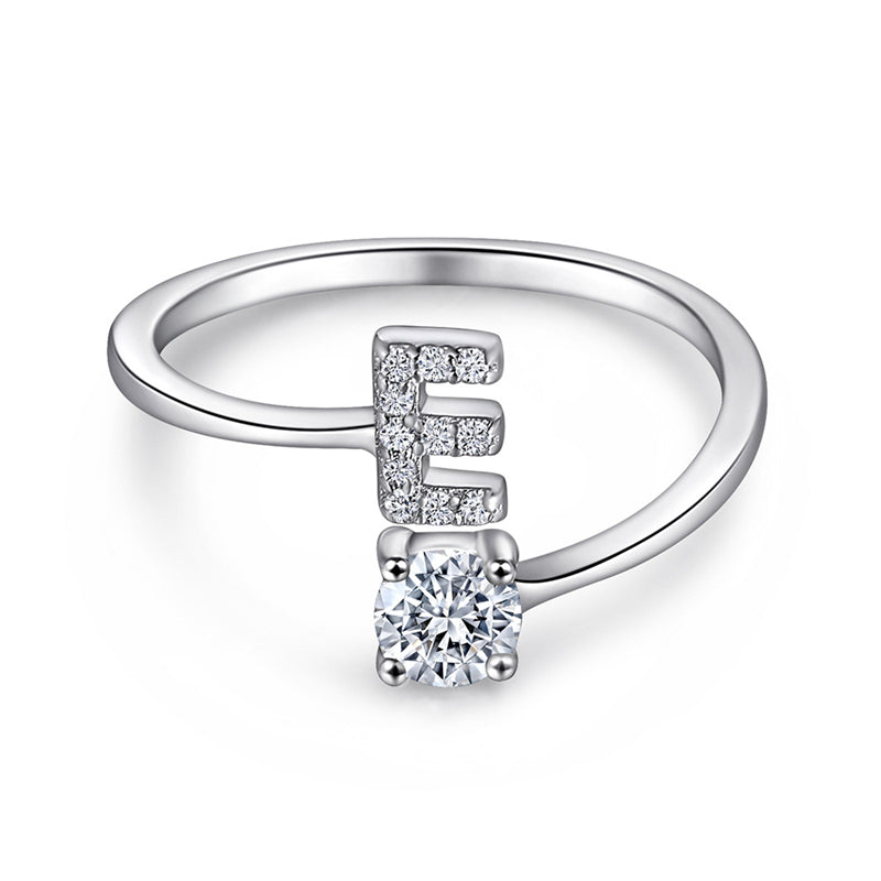 Personalized Initial 925 Silver Ring - Adjustable Alphabet Letter Band with Zirconia