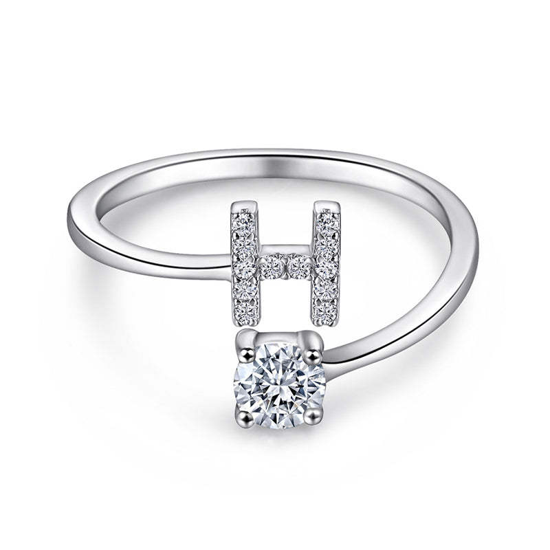 Personalized Initial 925 Silver Ring - Adjustable Alphabet Letter Band with Zirconia