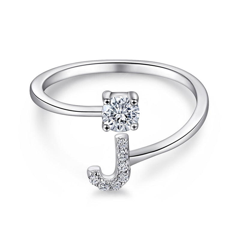 Personalized Initial 925 Silver Ring - Adjustable Alphabet Letter Band with Zirconia