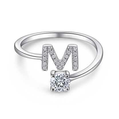 Personalized Initial 925 Silver Ring - Adjustable Alphabet Letter Band with Zirconia