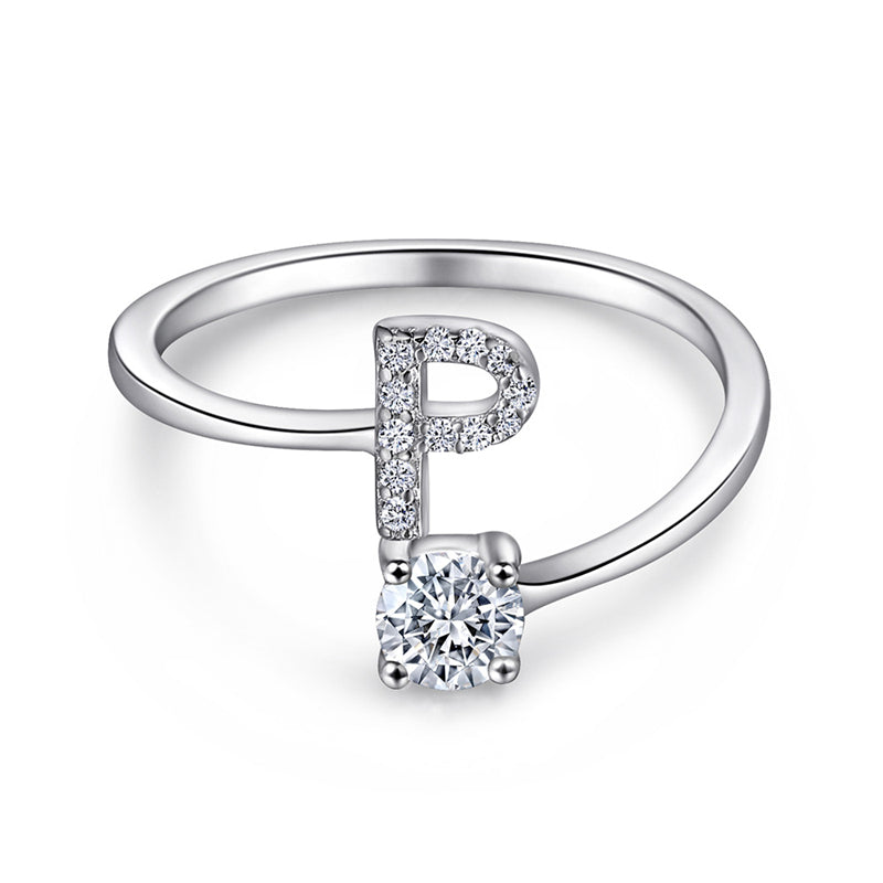 Personalized Initial 925 Silver Ring - Adjustable Alphabet Letter Band with Zirconia